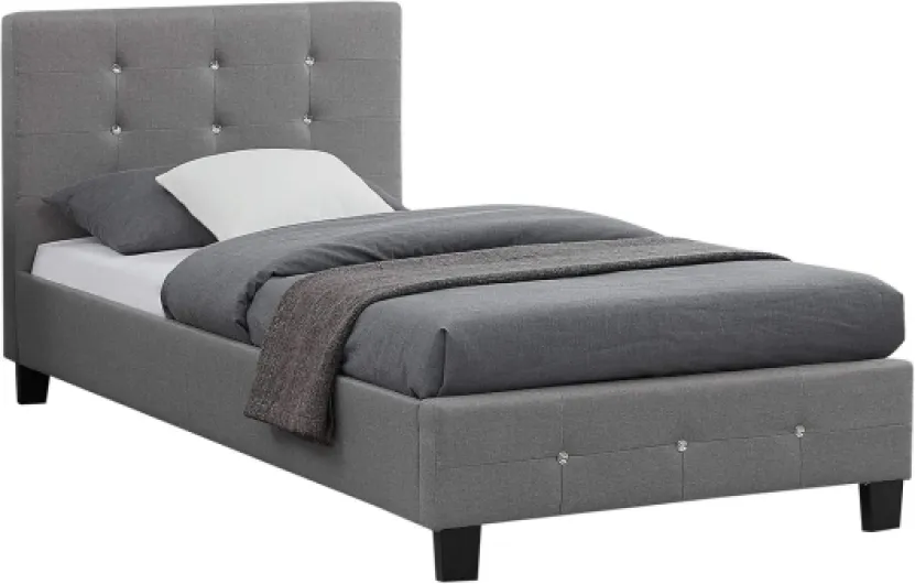 Lit Simple pour Adulte ou Enfant TICO Couchage 90 x 190 cm avec sommier 1 Place / 1 Personne, tête et Pied de lit capitonnés avec Strass, revêtement en Tissu Gris