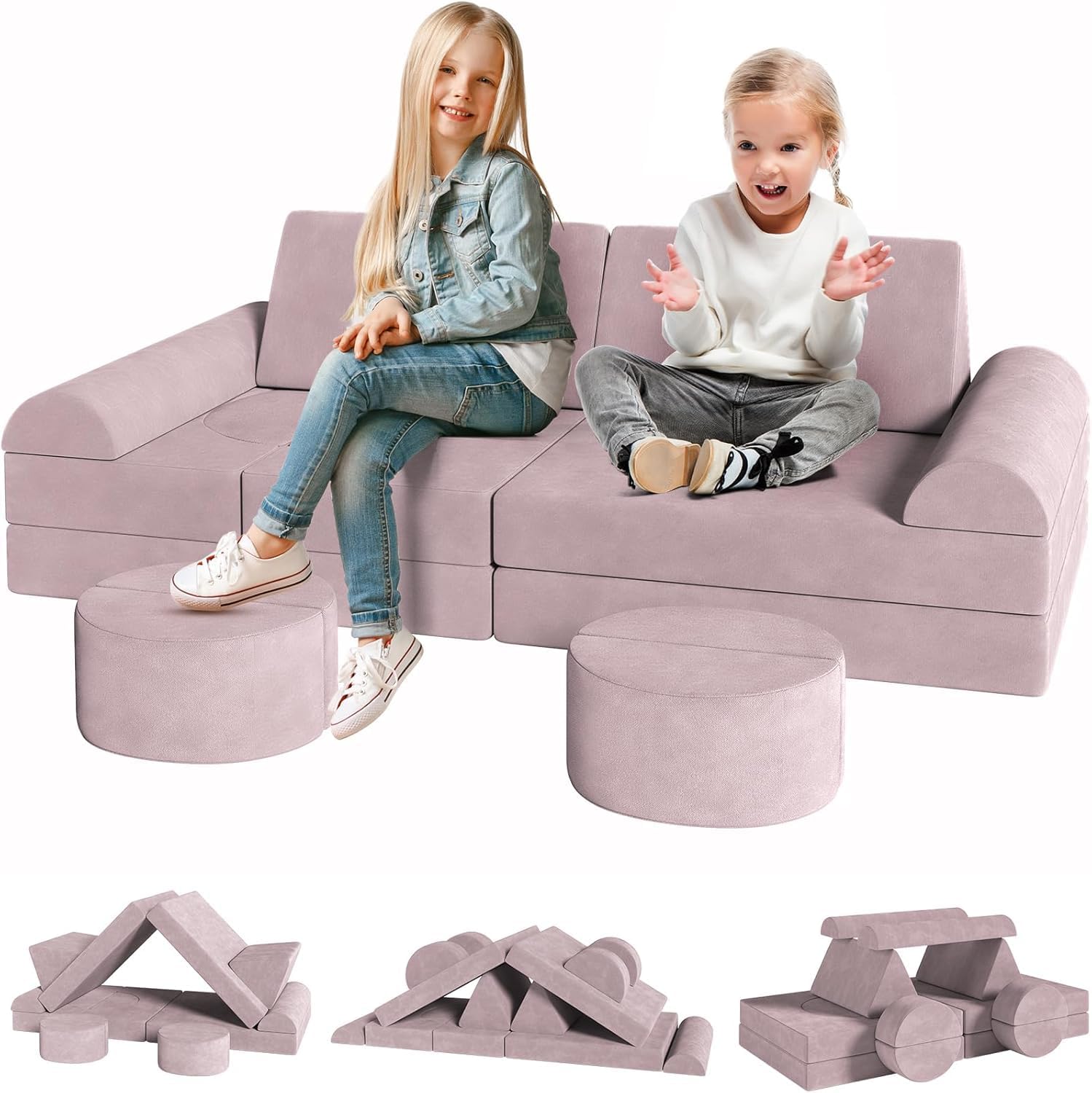 15 Pièces Canapé Modulaire pour Enfants, Canapé Enfant Convertible, canapé de Jeu Pliable, Mobilier de Jeu Souple pour Salle de Jeux et Chambre - Possibilités de Jeux Infinies (Rose)
