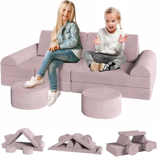 15 Pièces Canapé Modulaire pour Enfants, Canapé Enfant Convertible, canapé de Jeu Pliable, Mobilier de Jeu Souple pour Salle de Jeux et Chambre - Possibilités de Jeux Infinies (Rose)