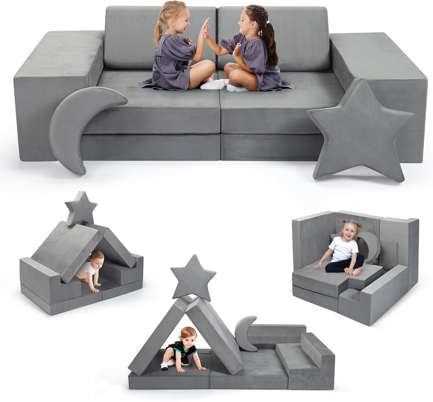 Canapé pour enfants, canapé pour enfants avec blocs de mousse, Épais, plus résistant, avec fermeture éclair invisible, canapé modulable pliable multi-styles, pour salle de jeux pour enfants(Gris-9pcs)