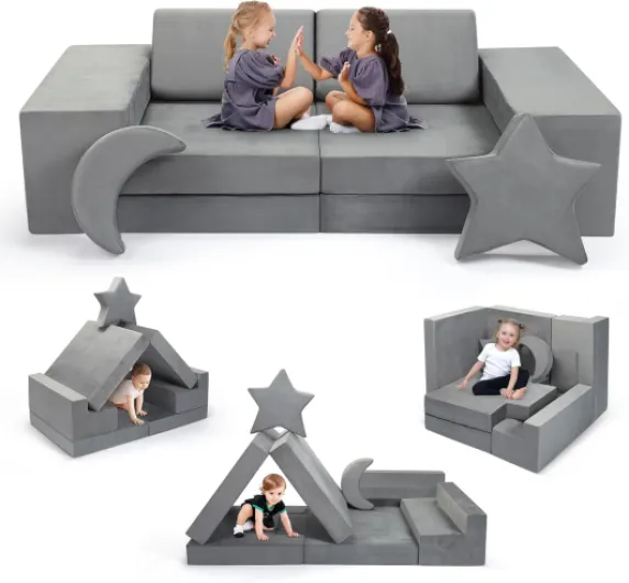 Canapé pour enfants, canapé pour enfants avec blocs de mousse, Épais, plus résistant, avec fermeture éclair invisible, canapé modulable pliable multi-styles, pour salle de jeux pour enfants(Gris-9pcs)