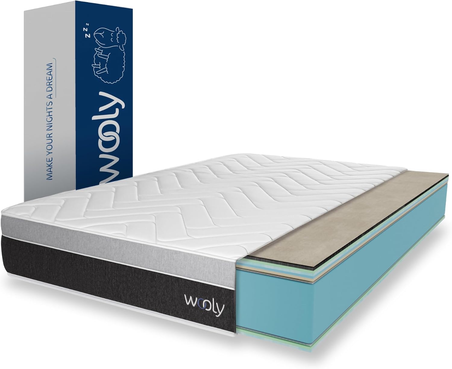 Wooly Level II Matelas 160x200 - Épaisseur 30 cm - Confort Premium 13 Couches - Gel Actif - Fibre Naturelle de Laine - Mousse mémoire de Forme - Blue Latex - Soutien Ferme - Fabriqué en Europe Mousse 30 Centimètres 160 x 200 cm
