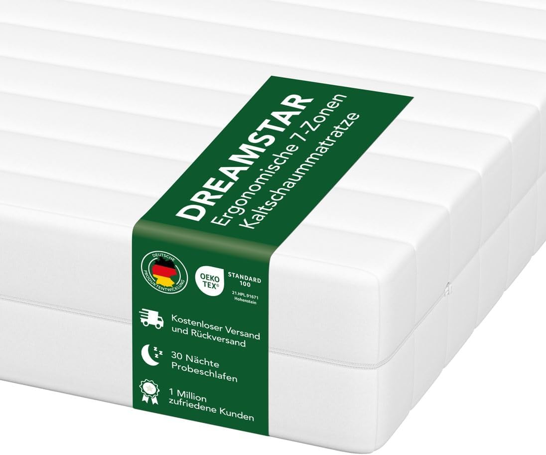 DreamStar - Easy Flex - Matelas orthopédique en mousse froide, 7 zones, certifié Oeko-Tex, degré de fermeté 2 et 3 (H2 et H3), enroulable 13 cm, fabriqué en UE, 90 x 190 cm - Hauteur : 13 cm 90 x 190 cm