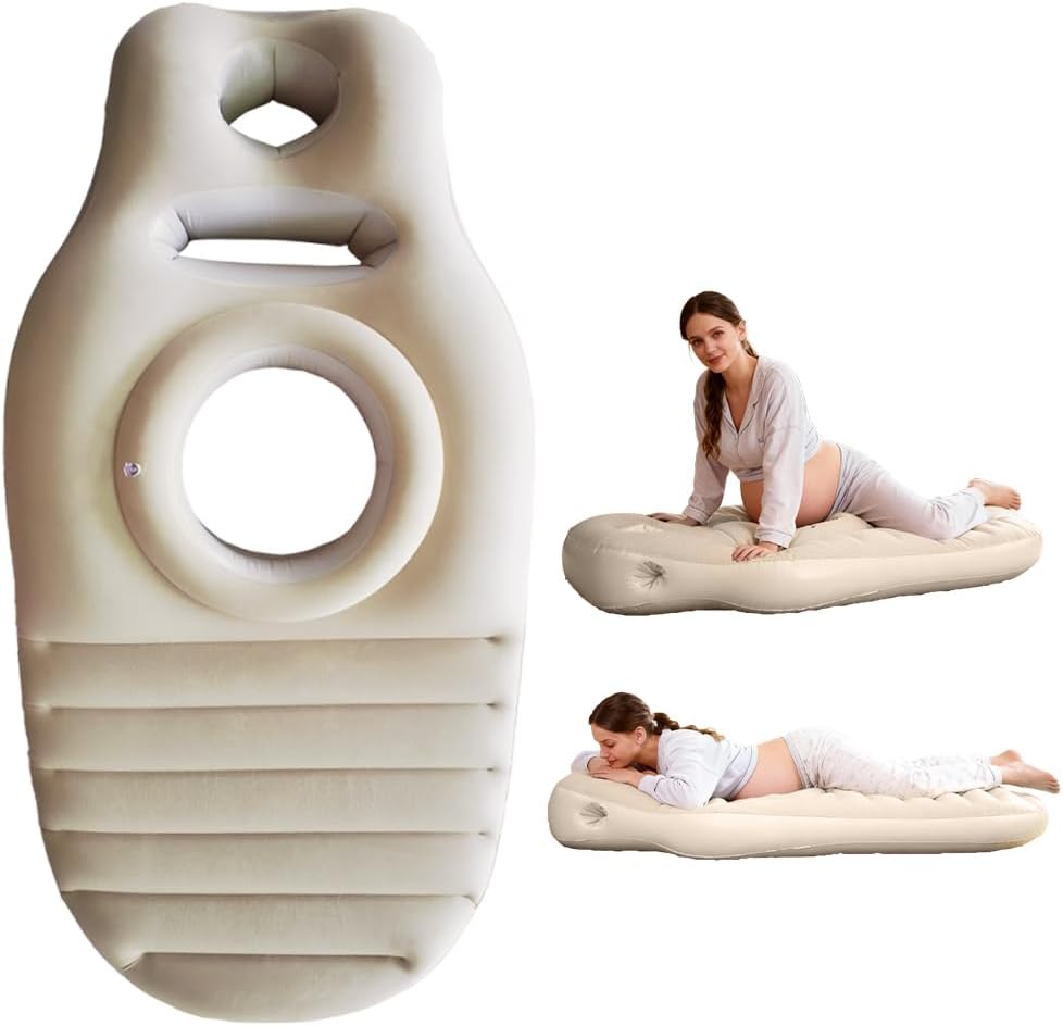 Coussin Gonflable de Grossesse, Cousin de Grossesse pour Dormir, Tapis de Yoga pour Femmes Enceintes avec Trou, Matelas Gonflable pour Femme Enceinte, Matelas Gonflable Floqué Confortable