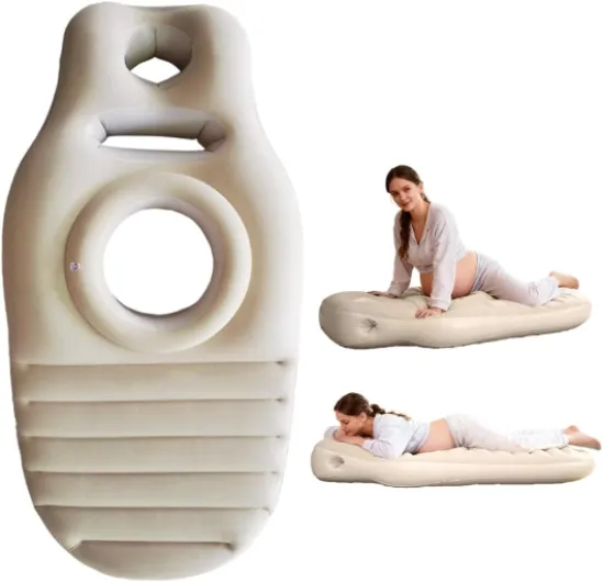 Coussin Gonflable de Grossesse, Cousin de Grossesse pour Dormir, Tapis de Yoga pour Femmes Enceintes avec Trou, Matelas Gonflable pour Femme Enceinte, Matelas Gonflable Floqué Confortable