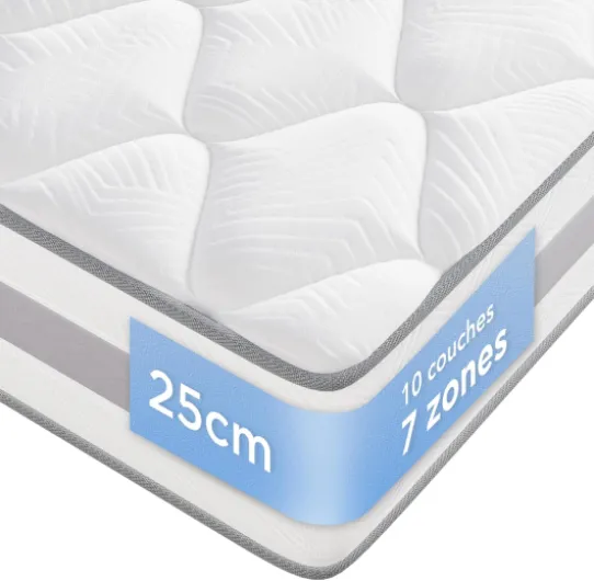 Matelas140x200 cm, 10 Couches, Matelas à Ressorts ensachés, Hauteur de 25 cm, Soutien en 7 Zones, Design Ergonomique,Durable, réversible, fermeté Moyenne (H3/H4) 140x200x25cm
