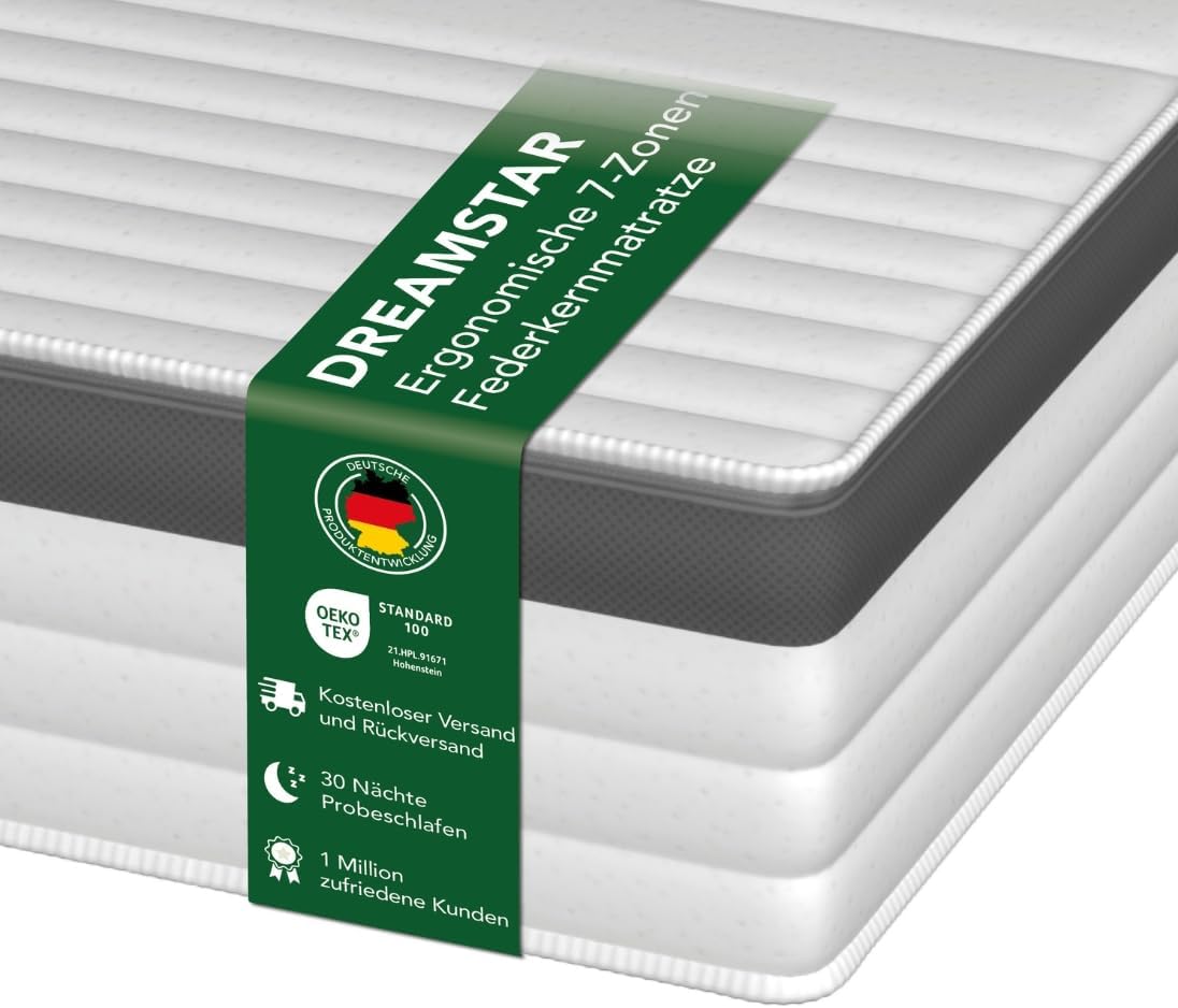 Dreamstar Matelas à ressorts ensachés doré, orthopédique à 7 zones, certifié Oeko-Tex, dureté 4 (H4), fabriqué dans l'UE, 90 x 200 cm, hauteur 21 cm Dureté 4 90 x 200 cm