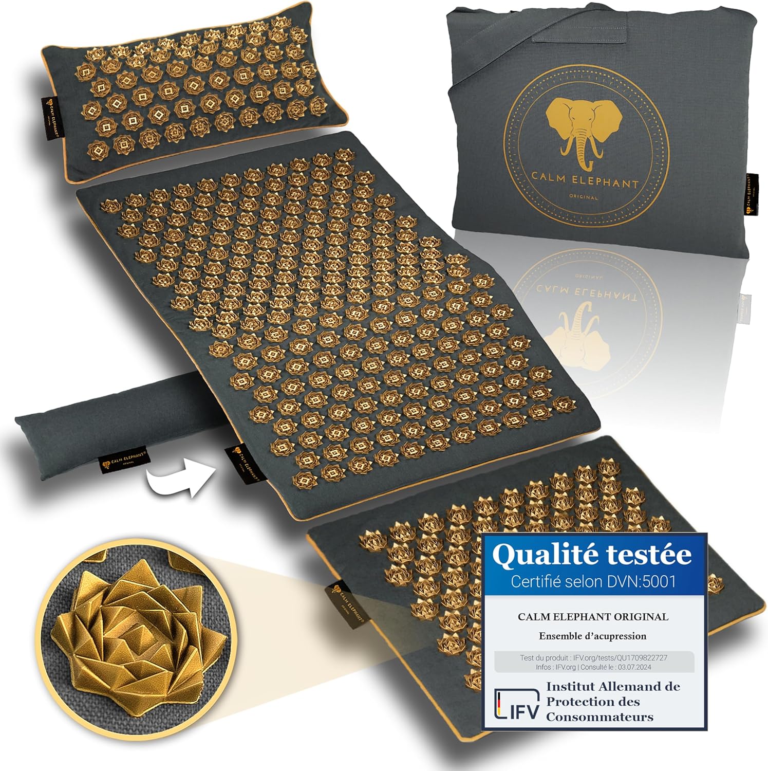 CALM ELEPHANT ORIGINAL XXL Tapis Acupression Genuine 5 pièces avec Coussin Ergonomique, Coussin Lombaire, Tapis Pieds, Sac – Soulage Dos, Cou & Épaules, Réduit Le Stress, Méditation, Gris Lot de 5 GENUINE Gris