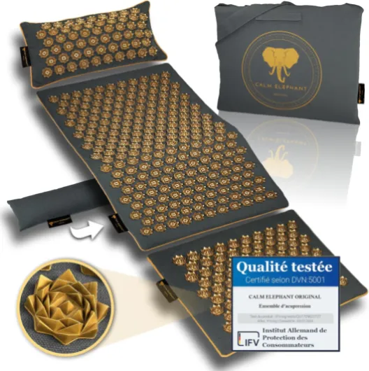 CALM ELEPHANT ORIGINAL XXL Tapis Acupression Genuine 5 pièces avec Coussin Ergonomique, Coussin Lombaire, Tapis Pieds, Sac – Soulage Dos, Cou & Épaules, Réduit Le Stress, Méditation, Gris Lot de 5 GENUINE Gris