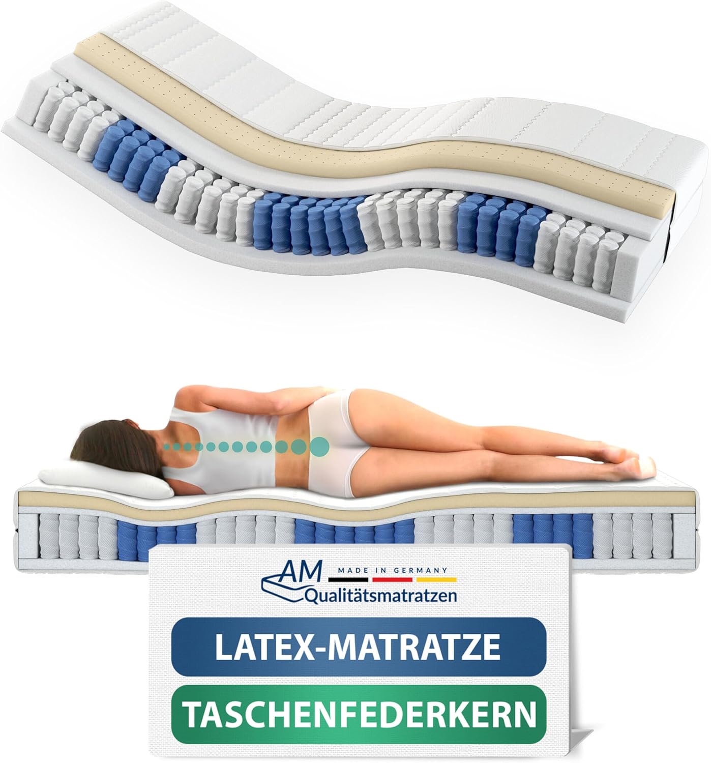 Matelas Latex 80x200cm équilibré - Matelas à Ressorts ensachés Latex 80x200 - Matelas avec Mousse en Latex intégrée 4cm - 24cm Hauteur - Made in Germany Équilibré - à partir de 80 kg 80 x 200 cm