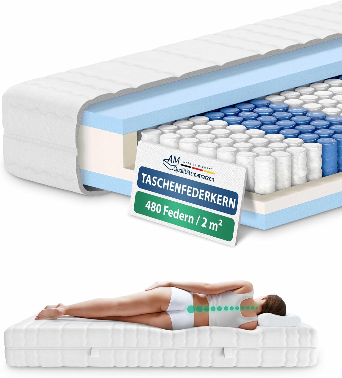 Matelas à Ressorts ensachés 140 x 190 avec 7 Zones de Confort - Housse Amovible et Lavable - Matelas 140x190 cm 20 cm epaisseur – Oeko-TEX - équilibré Équilibré - à partir de 80 kg 140 x 190 cm
