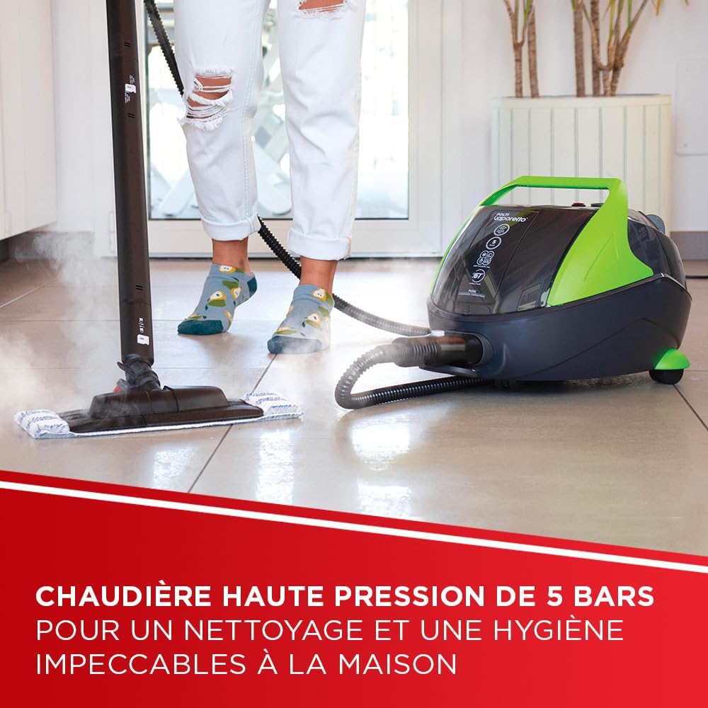 Vaporetto Pro 95 Turbo Flexi, Nettoyeur Vapeur avec Chaudière, Pression jusqu'à 5 Bars, 1100 W, Autonomie Illimitée, Fabriqué en Italie, Fonction Eco, 14 Accessoires Inclus, Noir et Vert