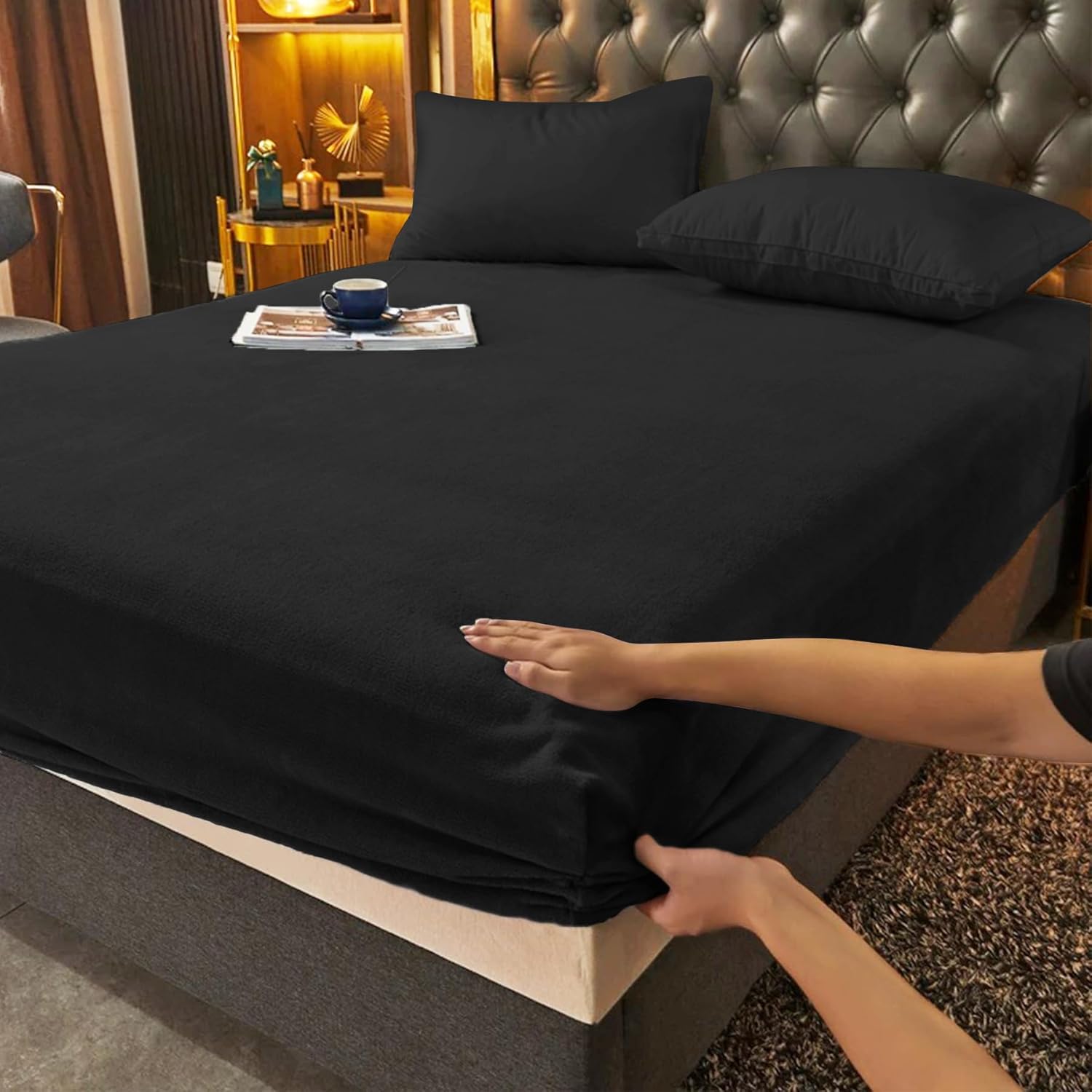 Gezu Drap Housse 140x200+30cm Noir Drap de Lit en Flanelle de Laine et Velours Corail Housse de Matelas Chaleur Hivernale Hypoallergénique sans Repassage Ourlet Élastique Solide La Peut atteindre30cm Noir-1 140x200x30cm