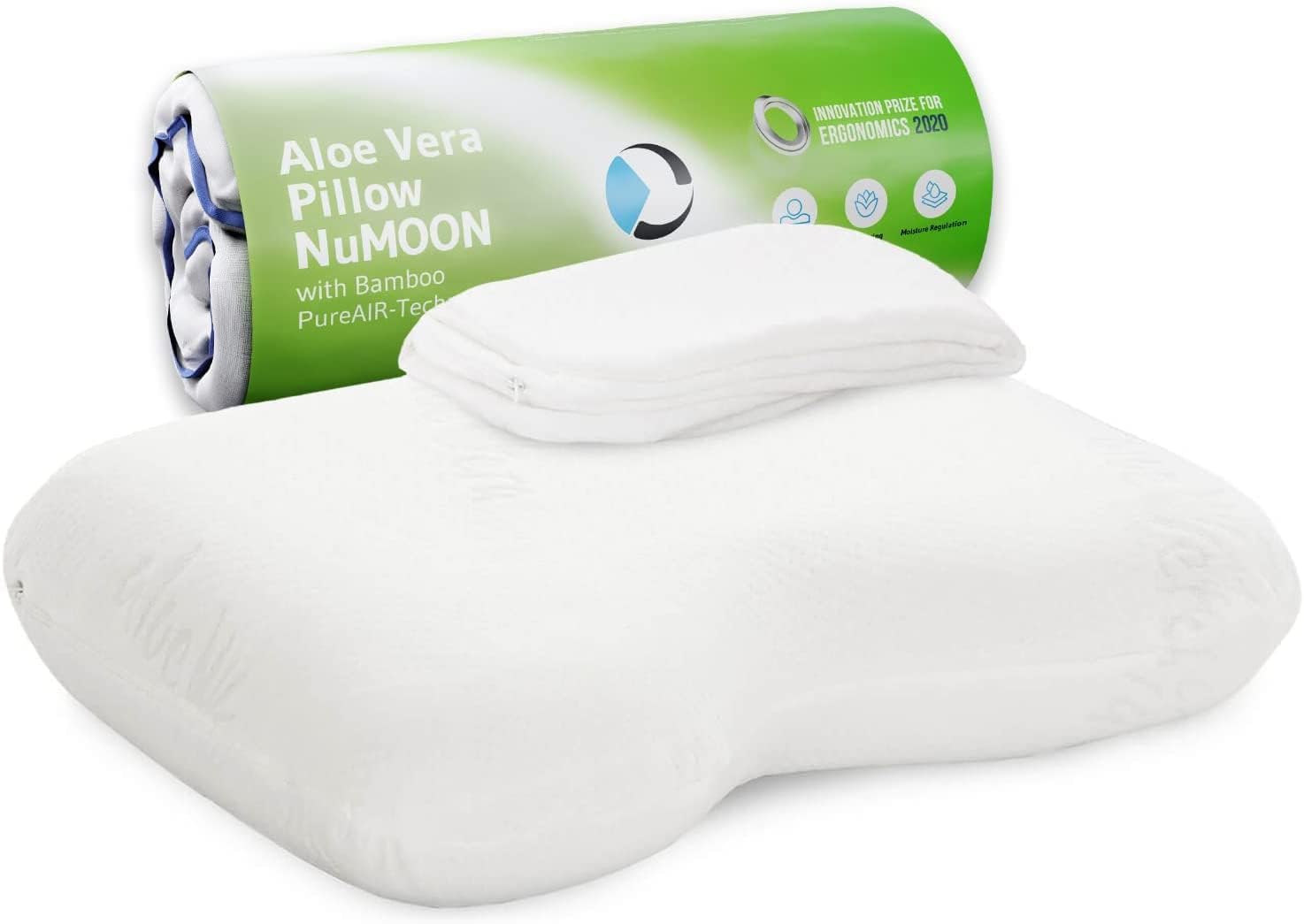 Oreiller Cervical NuMOON avec Aloe Vera et Charbon de Bambou - Coussin Ergonomique et Orthopédique Anti-Acariens, Anti-Allergènes - Pour Toutes les Position de Sommeil - Taie Extra Gratuite Numoon Aloe Vera