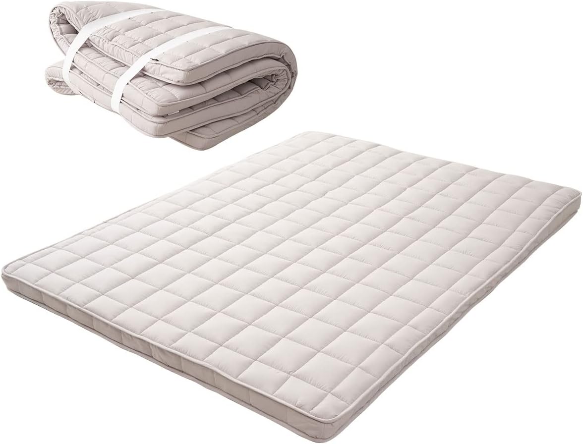 Matelas Futon Rembourré Japonais Machi 160 x 202 cm Gris, Stockable Pliable avec Bandes Élastiques Soufflet Lit D'invité Sol Couchage Tatami