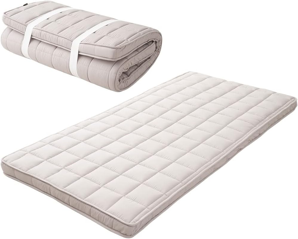Matelas Futon Rembourré Japonais Machi 100 x 202 cm Gris, Stockable Pliable avec Bandes Élastiques Soufflet Lit D'invité Sol Couchage Tatami