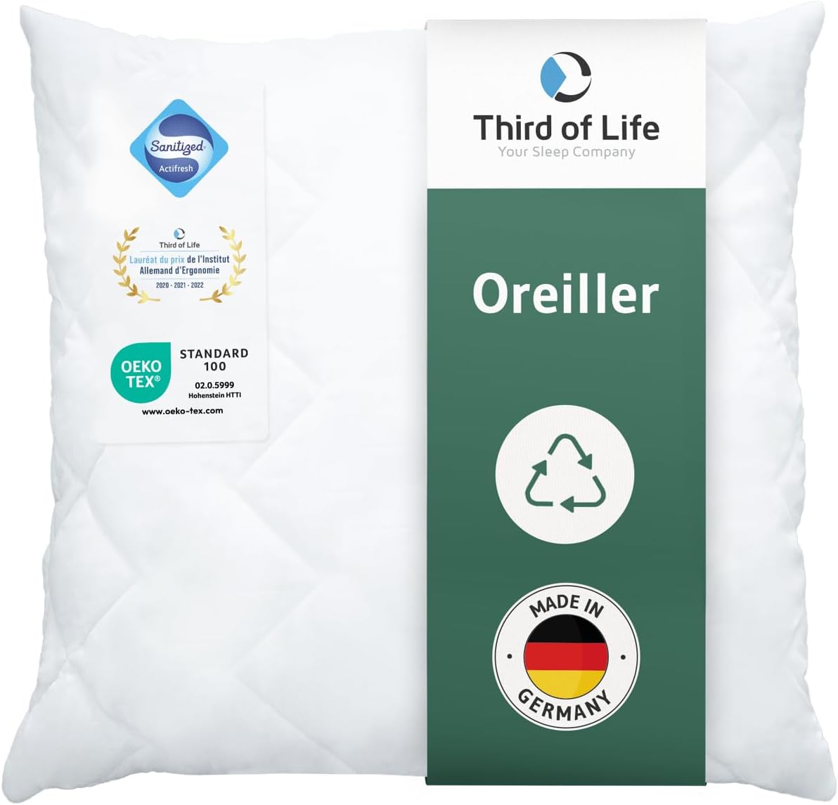 Oreiller 80x80 Verda - 100% Durable & Made in Germany - Oreiller Ergonomique hypoallergénique en matériaux recyclés - Réglable en Hauteur pour Dormir sur Le Ventre, Dos ou côté - Coussin 80x80