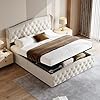 GisooM Lit capitonné 140 x 200 cm, lit double avec espace de rangement, lit queen size avec sommier à lattes, sans matelas, forme oreille avec double rangée de rivets en flanelle, beige