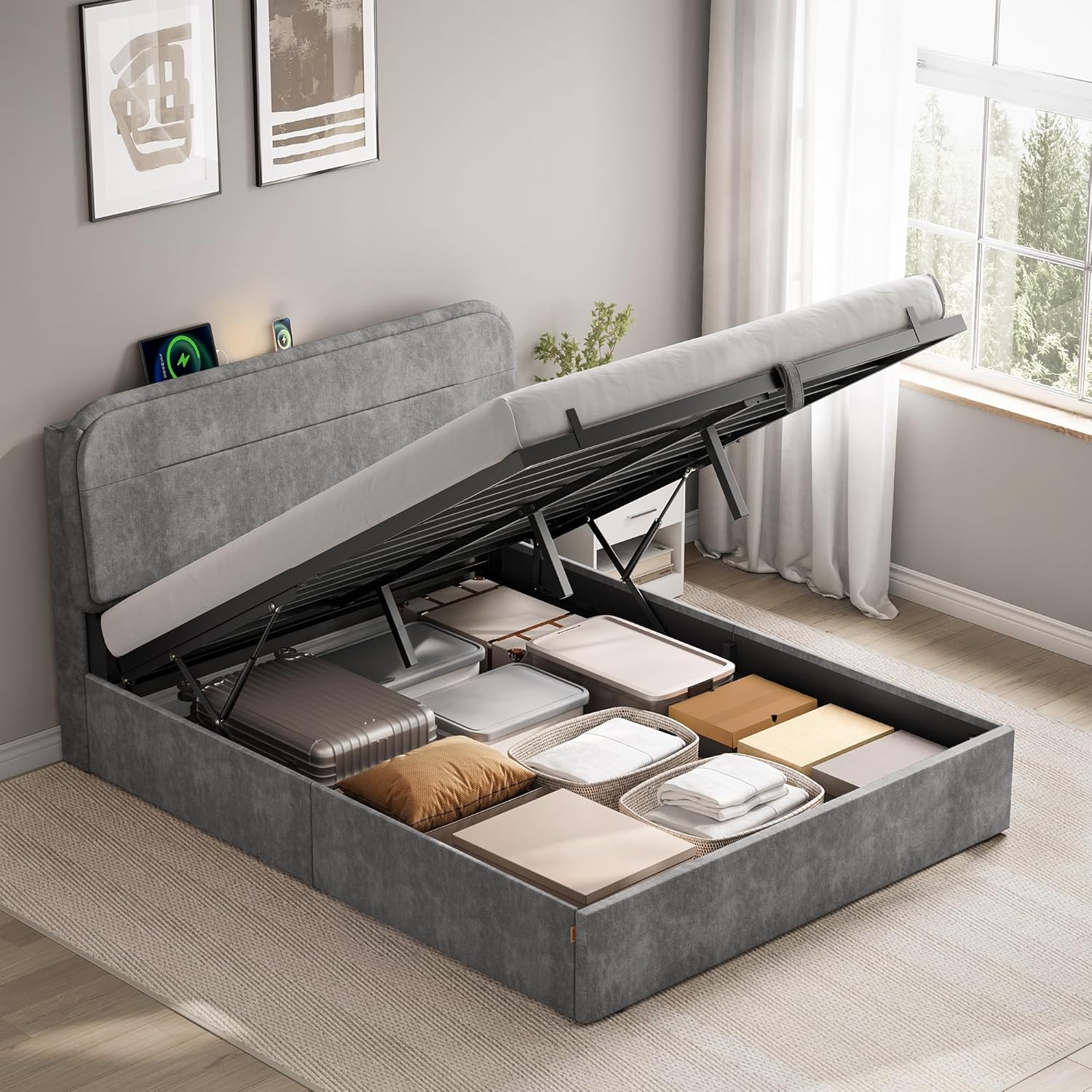 Lit Coffre 140 x 190 cm, Lit Double, Cadre de Lit, Sommier Relevable, avec Rangement, Éclairage LED, Ports de Charge, Tête de Lit, Style Moderne, Gris Ardoise RMB943G01