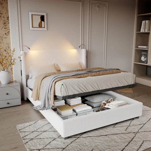LONELYO Lit Double 140x200 cm avec Sommier Hydraulique, Lit Coffre 140x200, Tissu en Velours Côtelé, Tête de Lit avec Lampes de Lecture LED et Ports USB, Lit Rembourré Moderne, Blanc Élégant