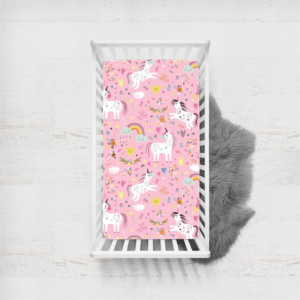 Odot Drap Housse Lit Bebe avec Motif Licorne Rose, Housses en Microfibre, Extensible Doux Respirant Protège Matelas Filles Compatible pour Berceau, Couffin et Nacelle (Couleur D,70x140cm) Couleur D 70x140cm