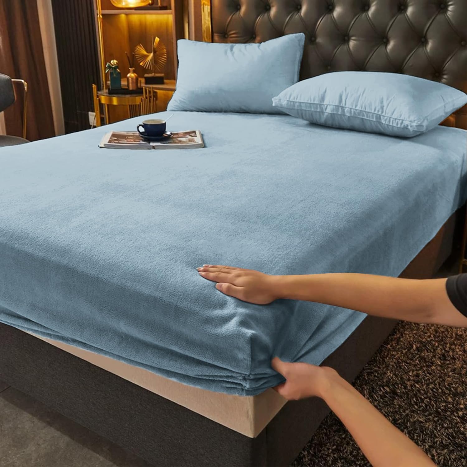 Gezu Drap Housse 140x200+30cm Bleu Clair Drap de Lit en Flanelle de Laine et Velours Corail Housse de Matelas Chaleur Hivernale Hypoallergénique sans Repassage Ourlet Élastique Solide Bleu Clair 140x200x30cm