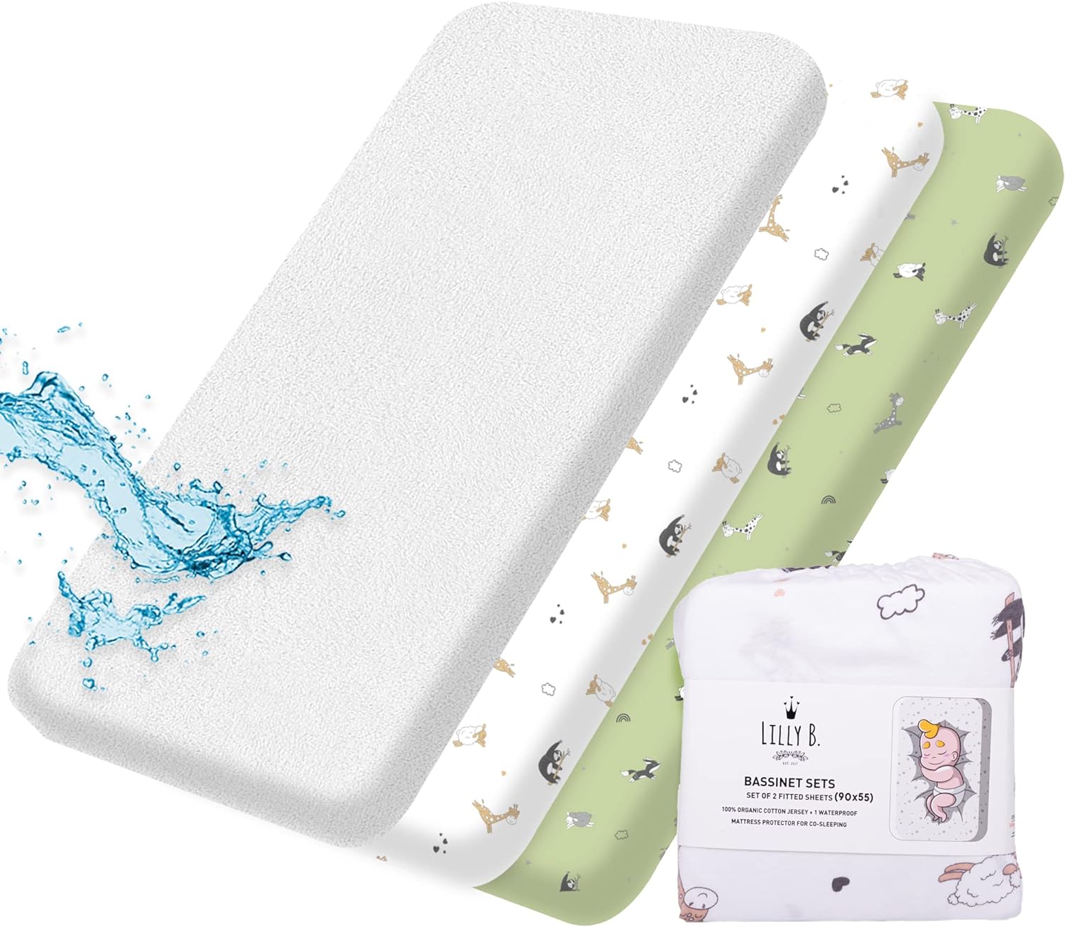 Lilly B - lot 2 draps-Housse GOTS Coton Biologique + 1 alèse imperméable Forme Drap-Housse pour berceaux cododo et Universel jusqu'à 55x90cm Next2me, kinderkraft, Halo, Safety 1st 55 x 90 cm Animals