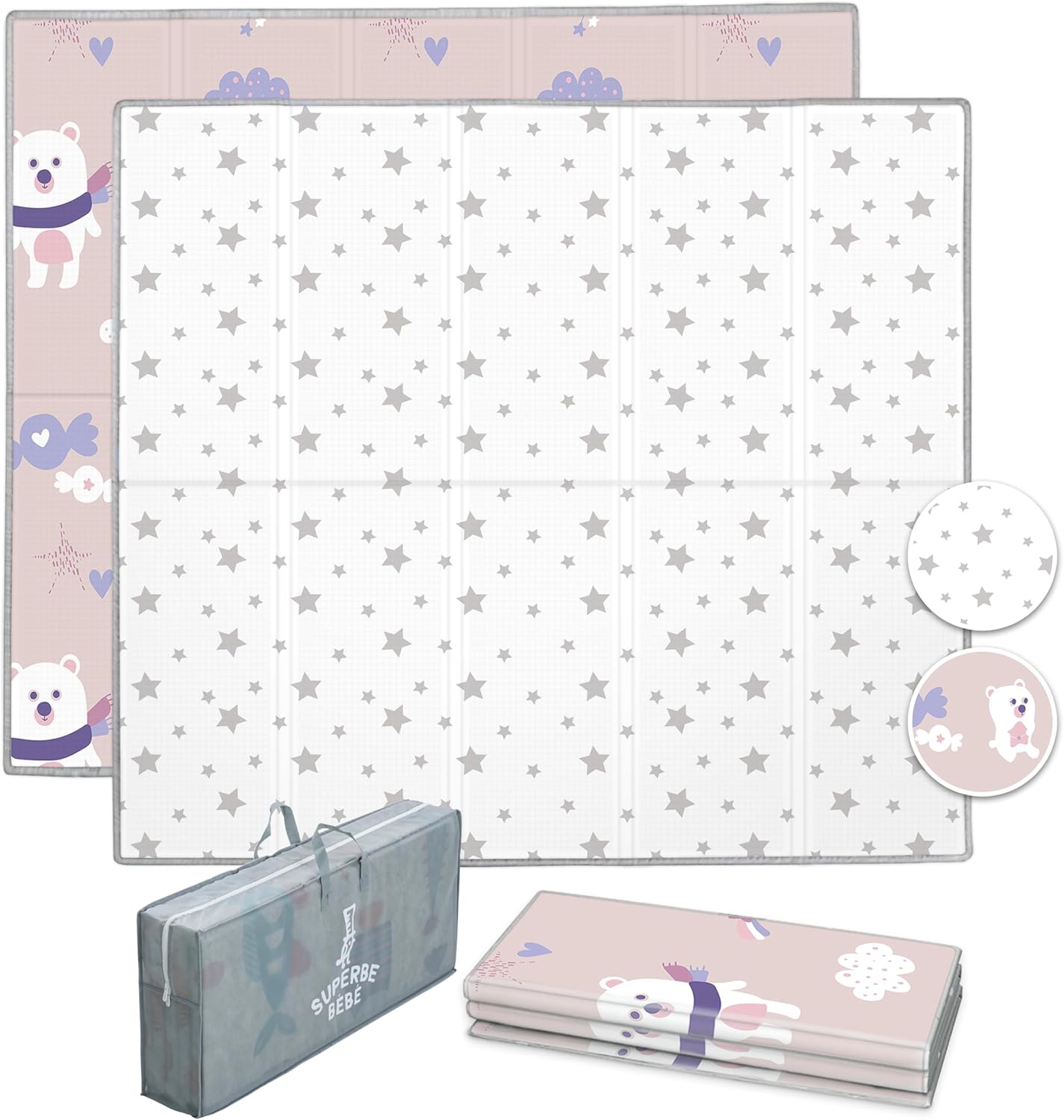 Tapis de Sol/d'éveil/de Jeu pour Enfant Bébé 180x200x1,5cm XXL en Mousse Epais Pliable Reversible - Tapis de Motricité Favorisant Le Développement Sensoriel Cadeau bébé Pink Panda