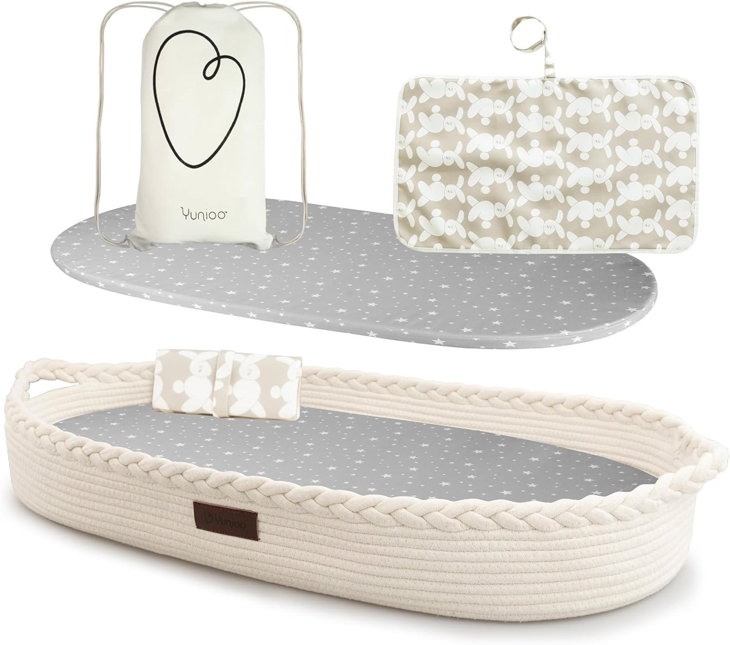 Yunioo matelas à langer, panier à langer avec coussin de voyage supplémentaire, matelas à langer en mousse et housse hydrofuge, panier en corde de coton, dessus de table à langer │Blanc