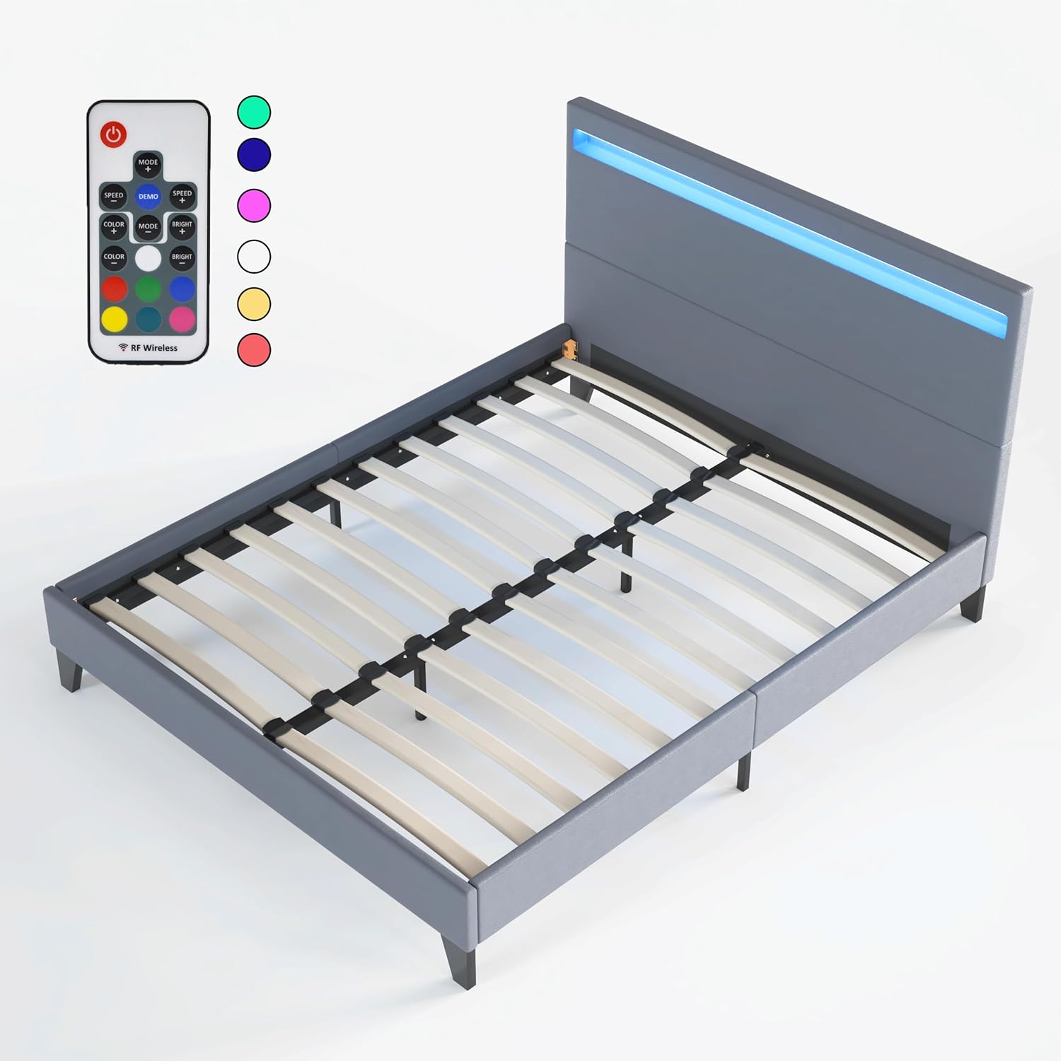 Lit avec sommier & Tête de lit LED - 140 x 200cm - Revêtement synthétique Gris - Stable et Robuste avec Pieds centraux de Renfort 140 x 200 cm Gris