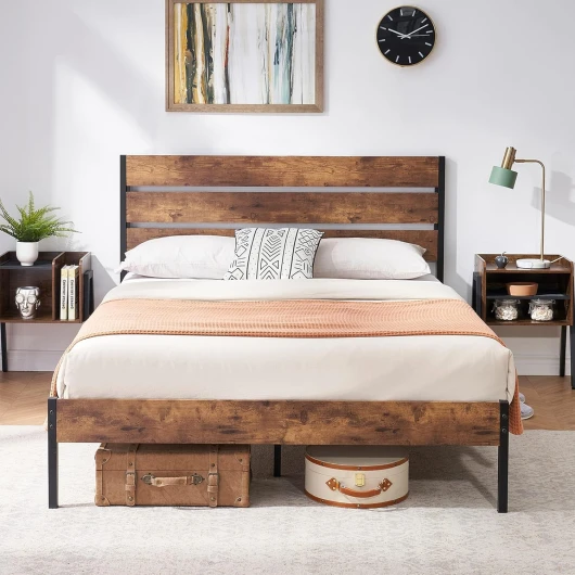 VECELO Cadre de Lit 140x190 cm, avec Tête de Lit en Bois, Support à Lattes en Métal Solide, Rangement sous Le Lit, Assemblage Facile, Marron Vintage