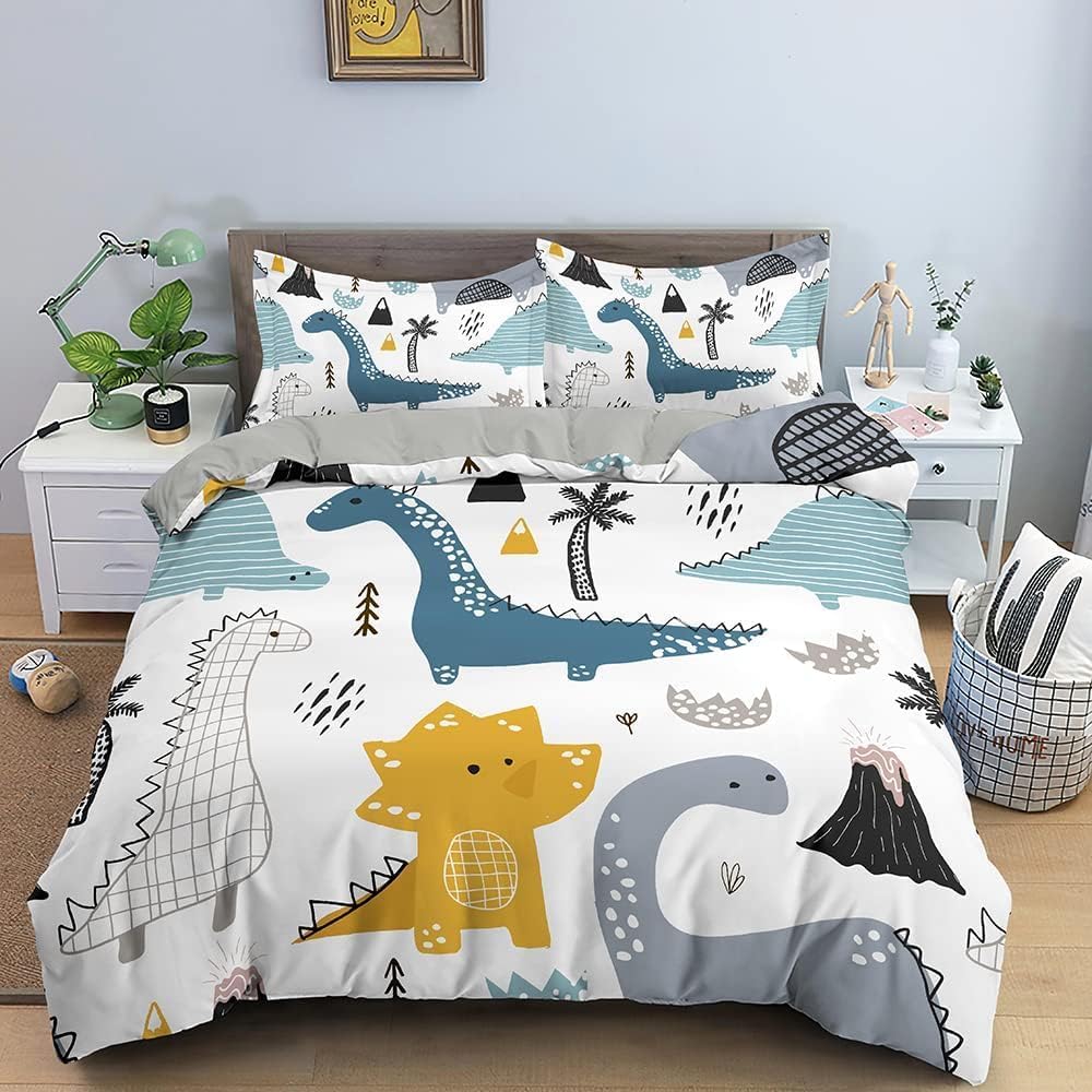 Housse de Couette 140x200 Enfant Enfant Dinosaure Blanc Parure de Lit 1 Personne en Microfibre avec Taie d'oreiller, Ensemble de Literie avec Parure de Couette + 2 Taies d'oreiller 140x200 cm Animal Gris Dinosaure