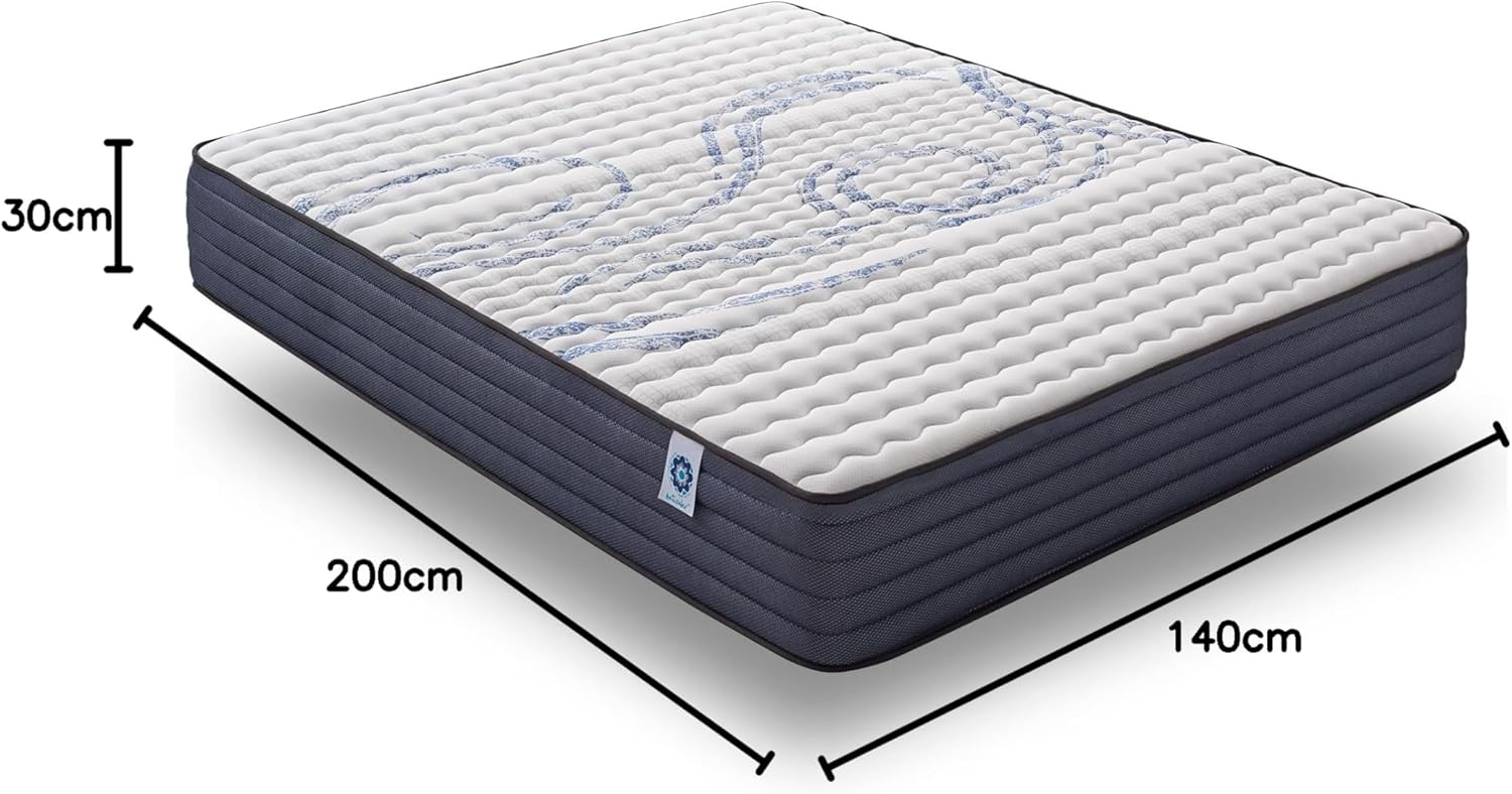 Matelas PerfectDream 140x200 - Épais 30 cm - Soutien Mousse à mémoire de Forme - Accueil Blue Latex - Confort Ferme - Respirant - 7 Zones - Réversible - Très Durable - Fabriqué en Europe 140 x 200 cm 30 cm - Mousse