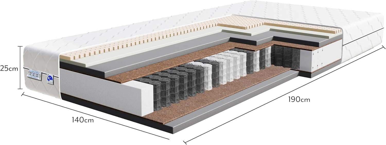 TULENA NOX Matelas 140 x 190 cm avec Mousse à mémoire de Forme et Latex- Matelas à Ressorts Ensachés - Fermeté H4 + H5 Confort Plus 25 cm d'Épaisseur - Enroulable réversible H4+H5 Comfort Plus 140 x 190 cm