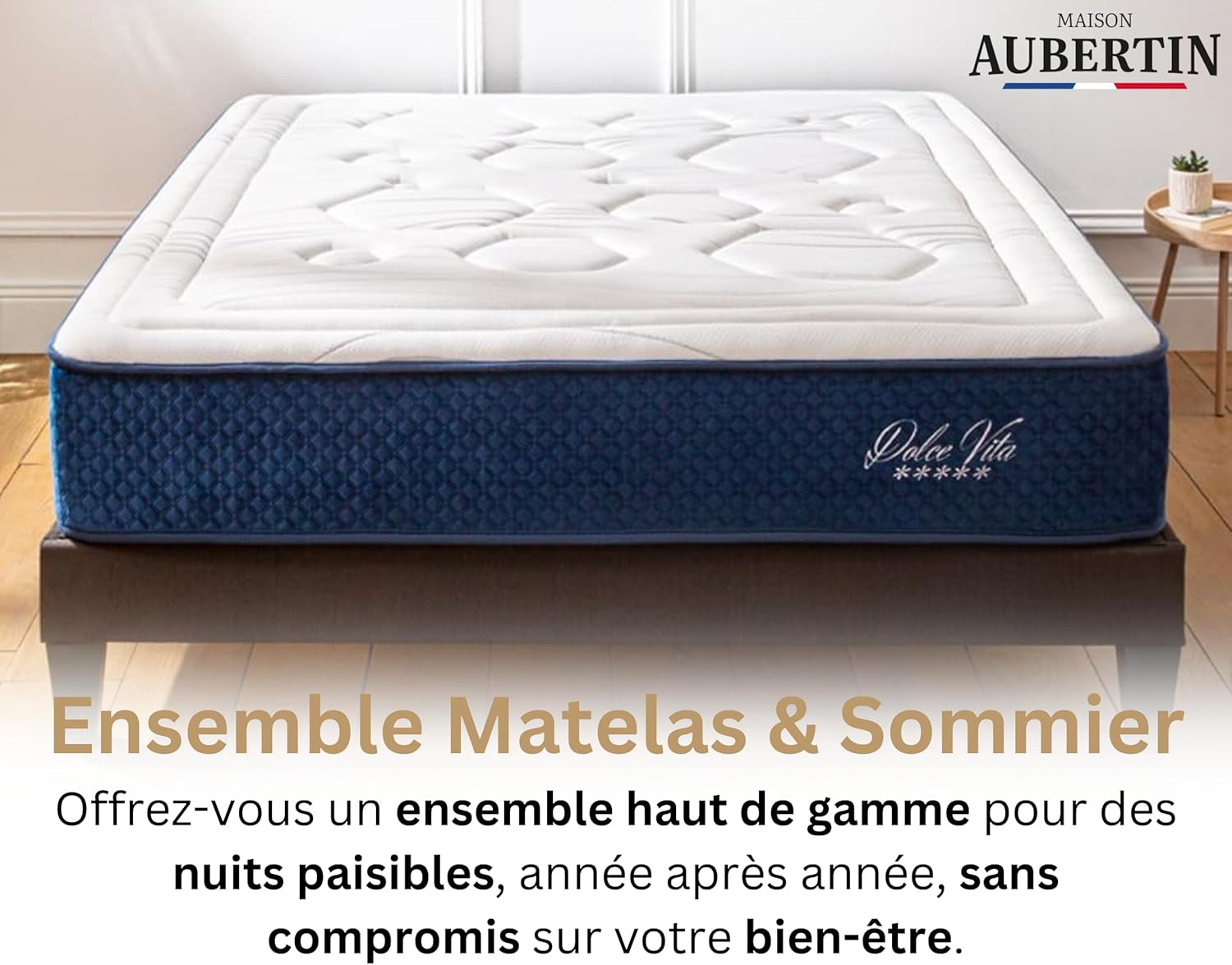 Ensemble Matelas Sommier Hybride Dolce Vita 180x200, Ép 58, 957 Ressorts Ensachés & Mémoire de Forme Haute Densité 60 kg/m³, Lit en Bois Massif, 2 Personnes 180 x 200 cm