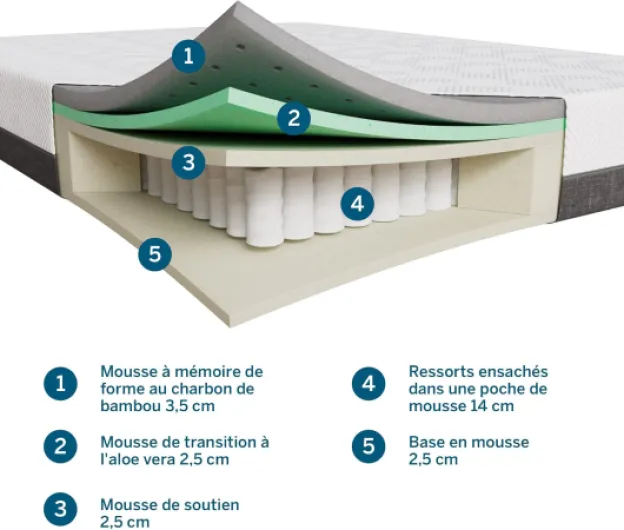 Matelas hybride, 25 cm epaisseur – Charbon de bambou et aloe vera – Memoire de forme & ressorts ensachés – Anti-odeur – Oeko-Tex – Dureté médium – 140x200 cm, 2 personnes 140 x 200 cm Bambou et Aloe Vera
