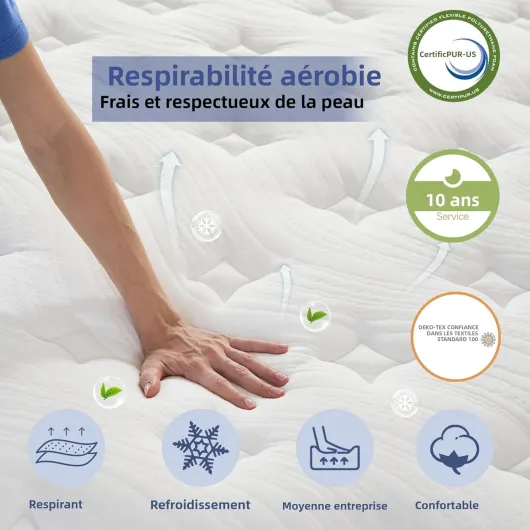 Hybride Matelas 160x200x31cm, 7 Zones ergonomiques, 31cm Épaisseur, Ressorts Ensachés, Matelas Mousse à Mémoire de Forme, Soutien Parfait, Fermeté Moyenne et Respirable, 101 Nuits Gris & Blanc 160x200x31 cm