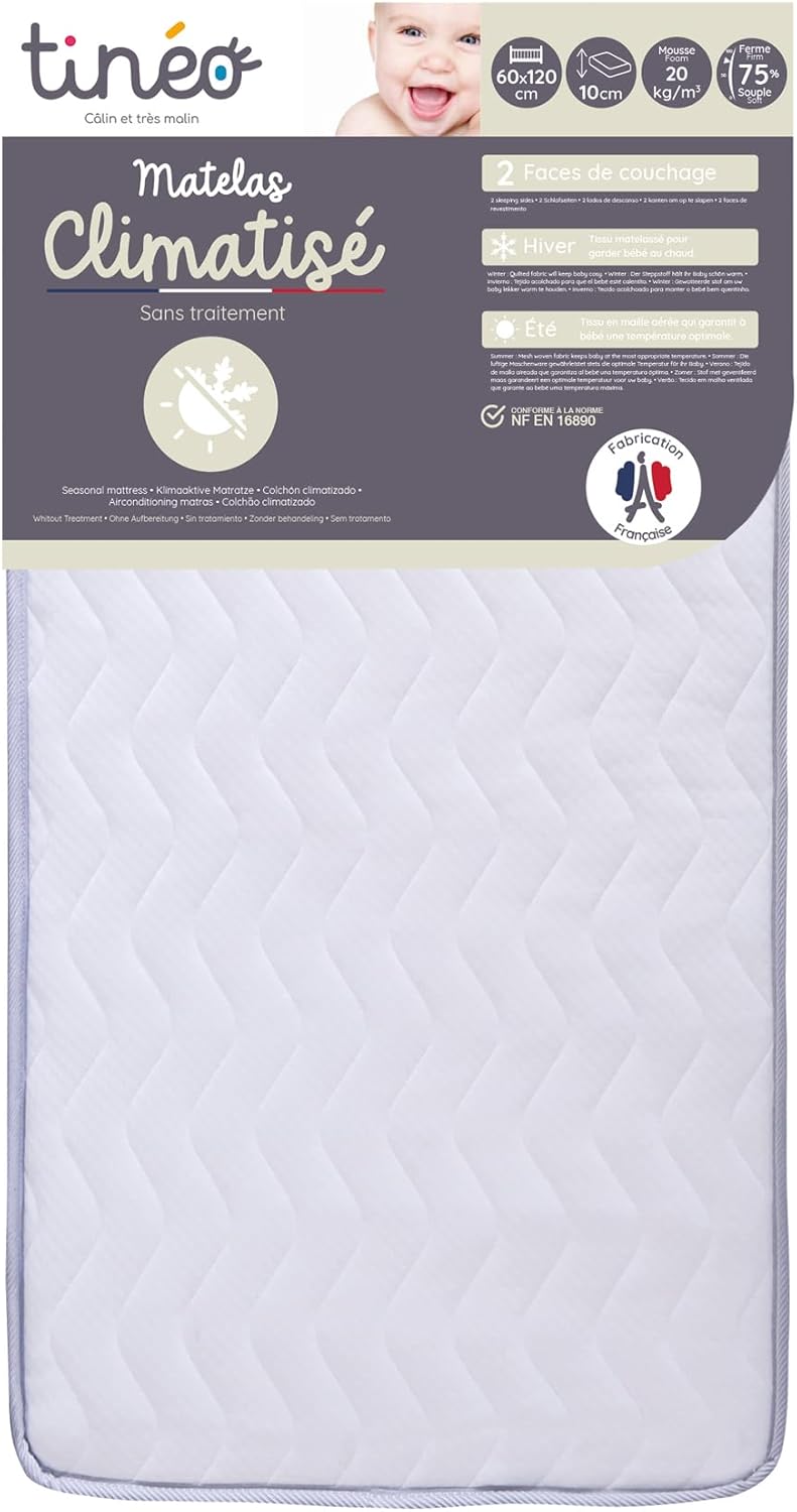 Matelas Climatisé 60x120x10cm - Matelas Bébé - Climatisé - 1 Face Été - 1 Face Hiver - sans Traitement - Densité 20 kg/m3 - Fabriqué en France 60x120x10 cm (Lot de 1) Blanc