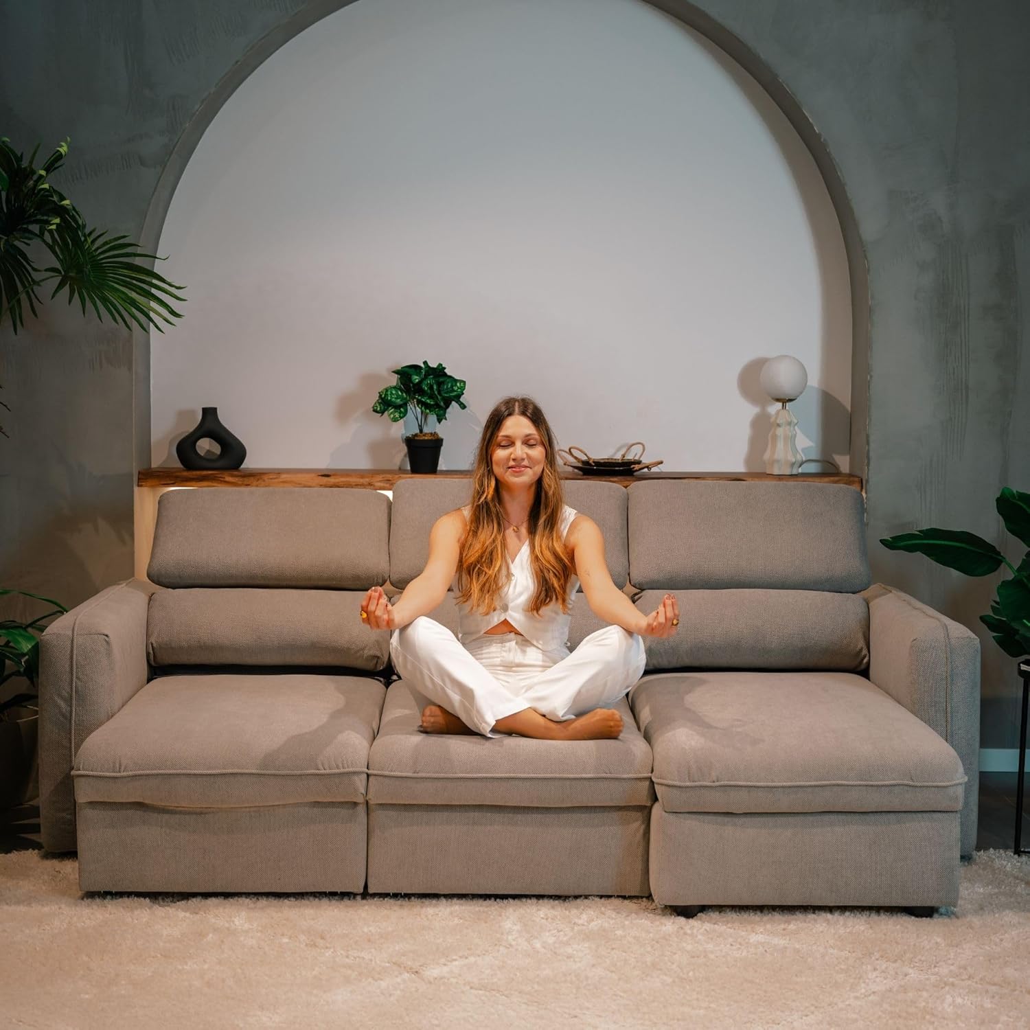 Morgan Canapé-lit 4 Places – Assises Coulissantes, Têtières Réglables et Rangement Intégré – Tissu 100% Polyester – 236x148x95 cm – Beige Désert Beige Desierto