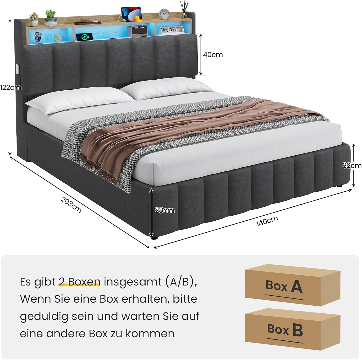 Lit Coffre 140 x 190 à LED, Lit Hydraulique avec Étagères Ouvertes et Rangement Caché en Tête de Lit Capitonné, lit 2 Personnes avec Lattes en Bois, Lits 140 x 190 avec Sommier en Lin Gris 140 X 190 Gris
