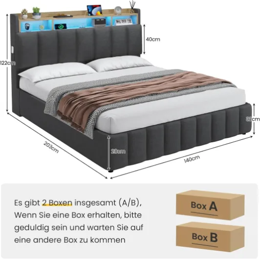 Lit Coffre 140 x 190 à LED, Lit Hydraulique avec Étagères Ouvertes et Rangement Caché en Tête de Lit Capitonné, lit 2 Personnes avec Lattes en Bois, Lits 140 x 190 avec Sommier en Lin Gris 140 X 190 Gris