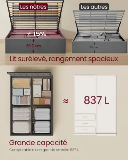 Lit Coffre 140 x 190 cm, Cadre de Lit, 2 Personnes, Sommier Relevable, avec Rangement, Système Hydraulique, Moderne et Minimaliste, Montage Facile, Gris Foncé RMB613G02 140l x 190L cm