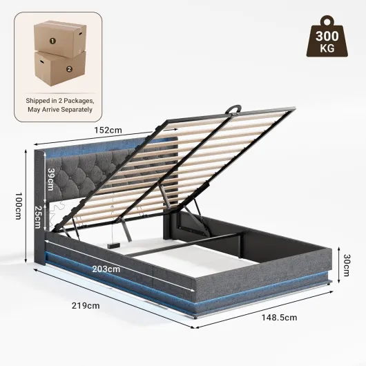 Lit Coffre 140x200 cm avec Tête de Lit Rembourrée en Mousse, LED, Ports USB et Rangement Hydraulique, Lit Double avec Sommier à Lattes, Gris Foncé (sans Matelas) 140 x 200 cm Gris Foncé