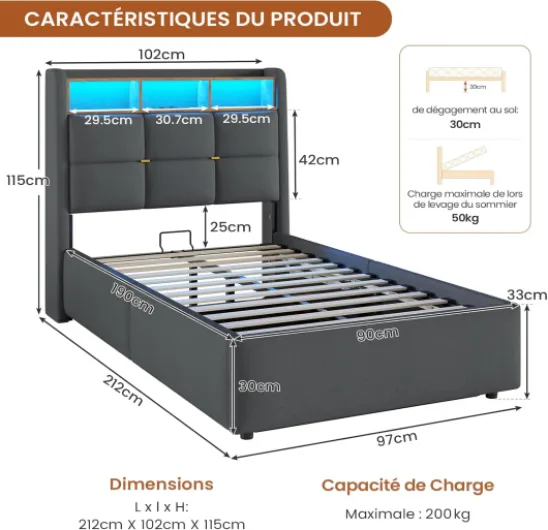 Lit Coffre 90x190 avec éclairage LED et Prise,Lit Enfant 90x190 avec Rangement et Tete de Lits,Cadre de lit 1 Place 90 x 190 avec Sommier à Lattes,Lits Rembourré en Lin,Gris Foncé-sans Matelas Gris Foncé 90 x 190 cm