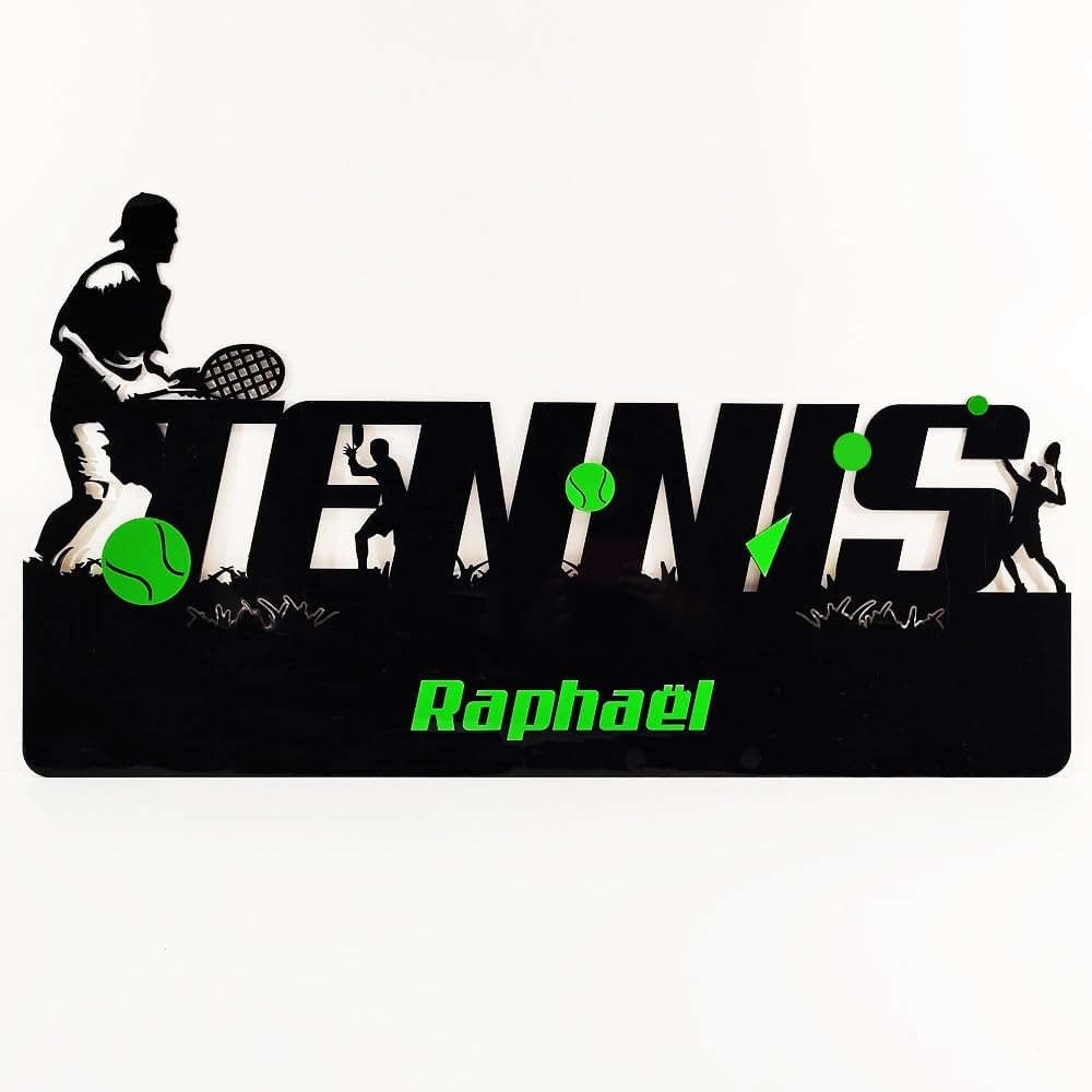 Tête de lit décorative Tennis Personnalisable, décoration Murale Chambre Tennis, Plaque décor Tennis personnalisé Noir / Prénom Vert