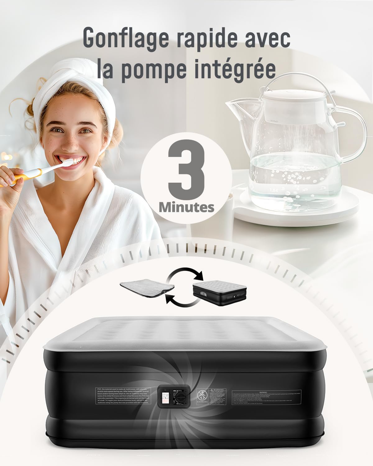 Airefina Matelas Gonflable 2 Personnes, Lit Gonflable avec Pompe Intégrée, Matelas Gonflables pour La Maison, Les Invités ou Le Camping, Confortable et Durable 152 x 203 x 46 cm Doppio (46 cm)