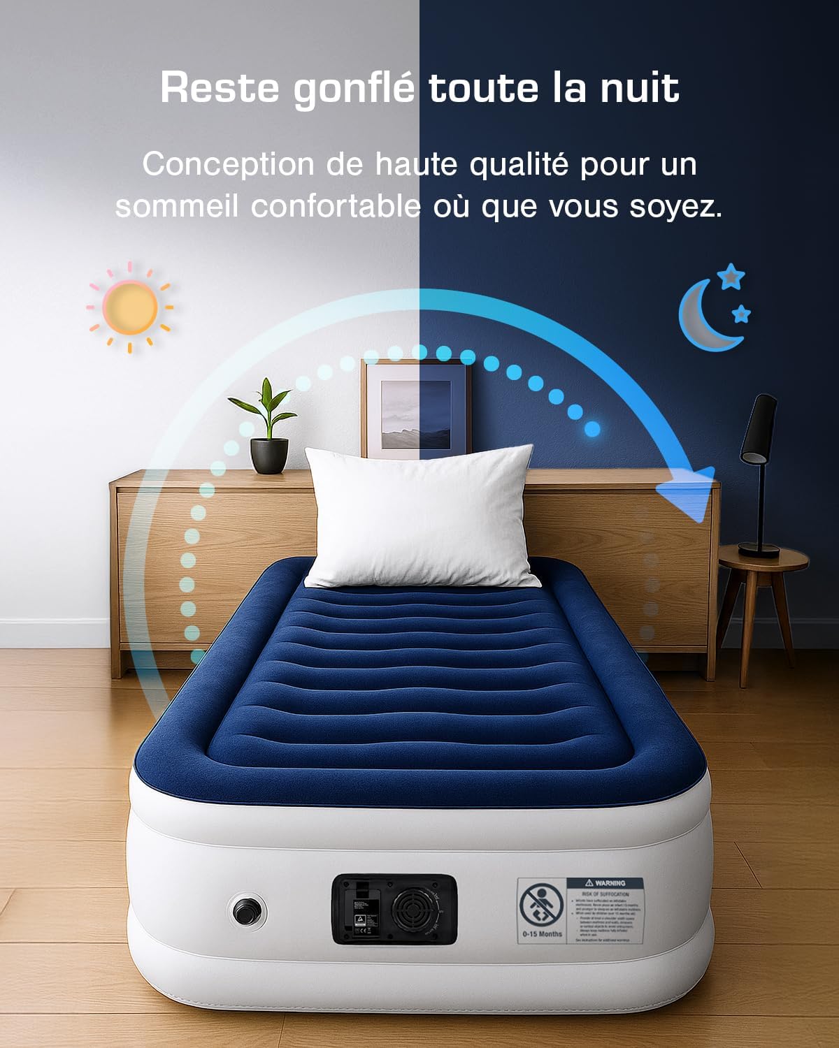 Matelas Gonflable 1 Personne – Confort Ultra Doux, Finition Luxe, Lit Gonflable avec Pompe Électrique, Support Stable & Surface Floquée Haut de Gamme – 99×188×36.5 cm 188 x 99 x 36.5 cm
