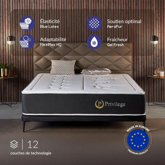 Matelas Privilege 140x200 - Épais 30 cm - Mousse Haute Résilience + Mémoire de Forme Premium - Blue Latex - Soutien Ferme en 7 Zones - Réversible - Respirant - Fabriqué en Europe 140 x 200 cm 30 cm - Mousse Premium