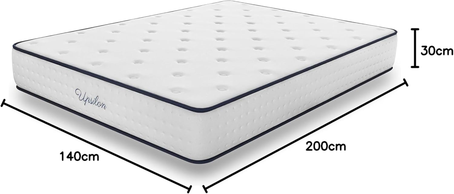 Matelas Upsilon 140x200-30 cm - Accueil Mousse à mémoire de Forme + Blue Latex - Confort Ferme - 7 Zones - Réversible - Hypoallergénique - Durable - Sommeil Isolé - Fabriqué en Europe 30 cm - Mousse 140 x 200 cm