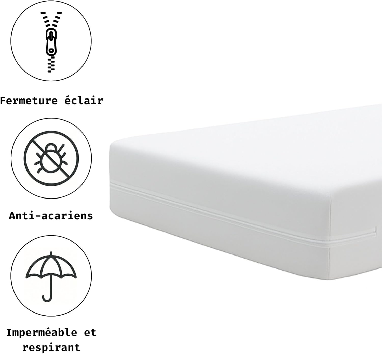 Housse de Matelas 180x200cm Anti-acariens Respirant Certifié Oeko-TEX Alèse Imperméable Blanc 180x190/200cm